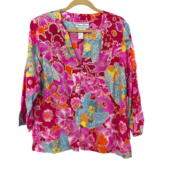 NEW Diane Gilman Pink Multicolor Beaded Artsy Long Sleeve Blouse Silk LARGE - Picture 1 of 8